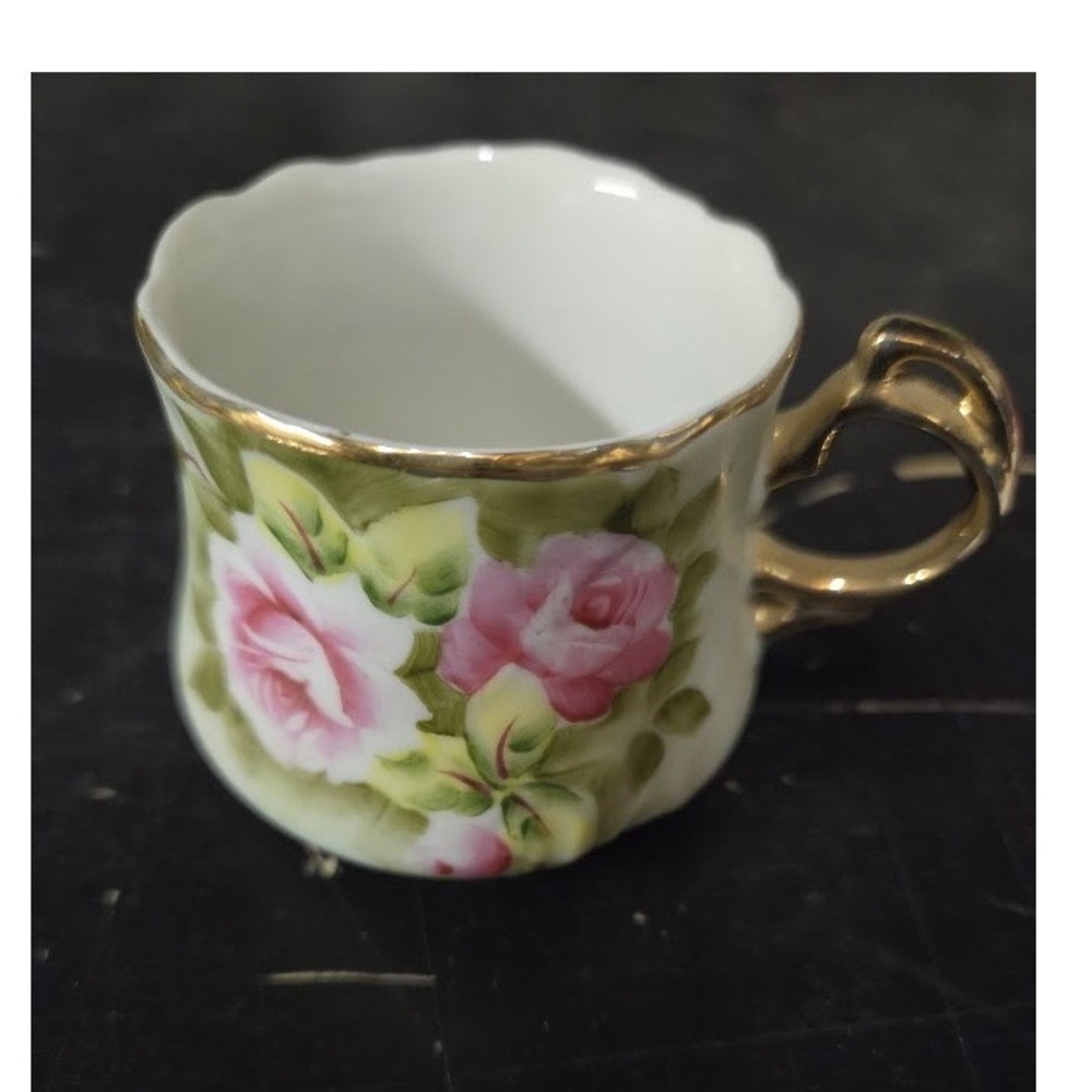 Lefton China Hand Painted Pink Rose Demitasse Cup Gold Trim Japan Vintage